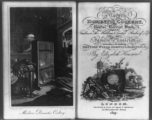 Title page of 1817 cookery book showing woman milking cow, implements and containers, food, woman working in kitchen