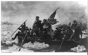 George Washington in boat with flag and Continental soldiers. 