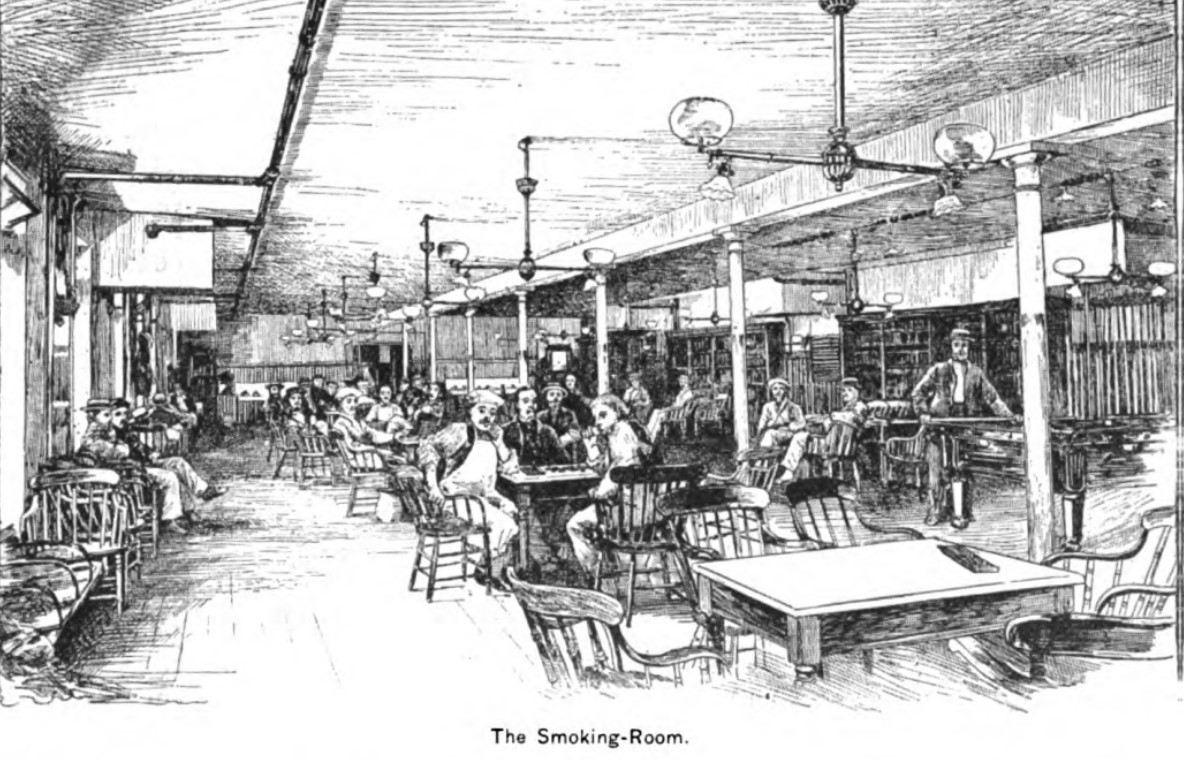Labeled The Smoking Room, a print shows many men louncing in captain's chairs around tables. One man stands ready to shoot with a pool cue. There are several gas lamps suspended from the ceiling. 