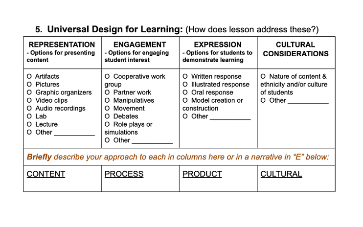 Checklist of classroom activities uses in lesson