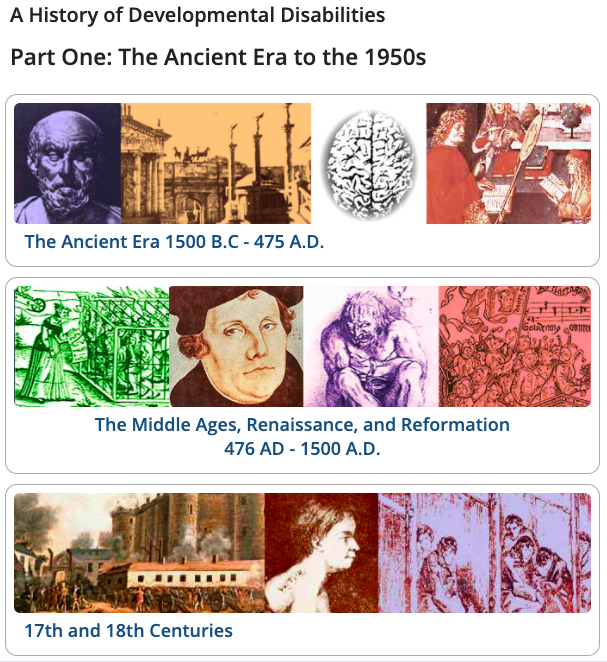 Cover art for a timeline, showing rows of colored illustrations with captions "Ancient Era, "Middle Ages, Renaissance, & Reformation," etc.