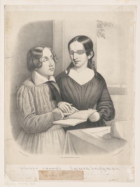A print of a drawing of Oliver Caswell and Laura Bridgman reading a book using their hands to feel the page. The young woman and boy are standing in front of a window. Laura wears a dark dress, her hair is curled and swept away from her face, and she wears a covering over her eyes. She is holding a book and guiding the hand of Oliver Caswell over the text. Oliver has short, light hair that curls around his face, he has a light shirt and a small black tie, and his eyes are closed. 