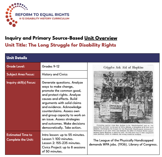 Screen cap of the cover of the Long Struggle for Disability Rights unit overview features a 1936 photo of several members of the League of the Physically Handicapped loading into a truck and holding signs demanding jobs. 