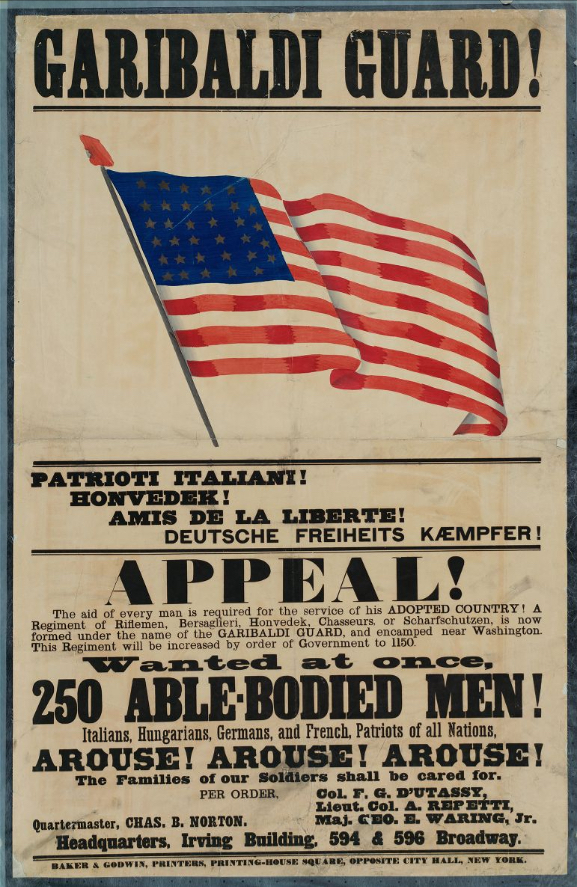 A US flag, with words Garibaldi Guard above, and appeals for 250 men to join the Union Army