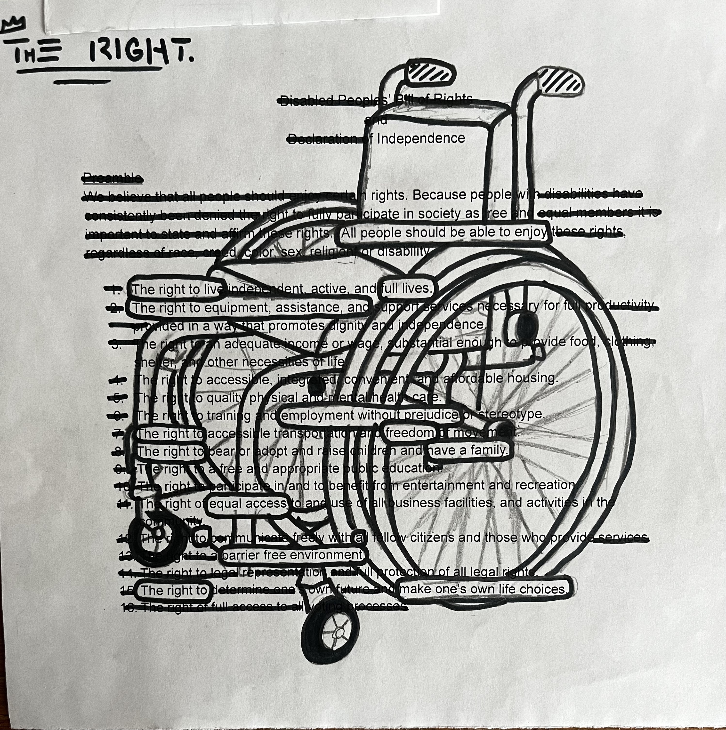 A "blackout poem" shows the text that highlights what the student thinks the declaration is about - a drawing of a wheelchair is included