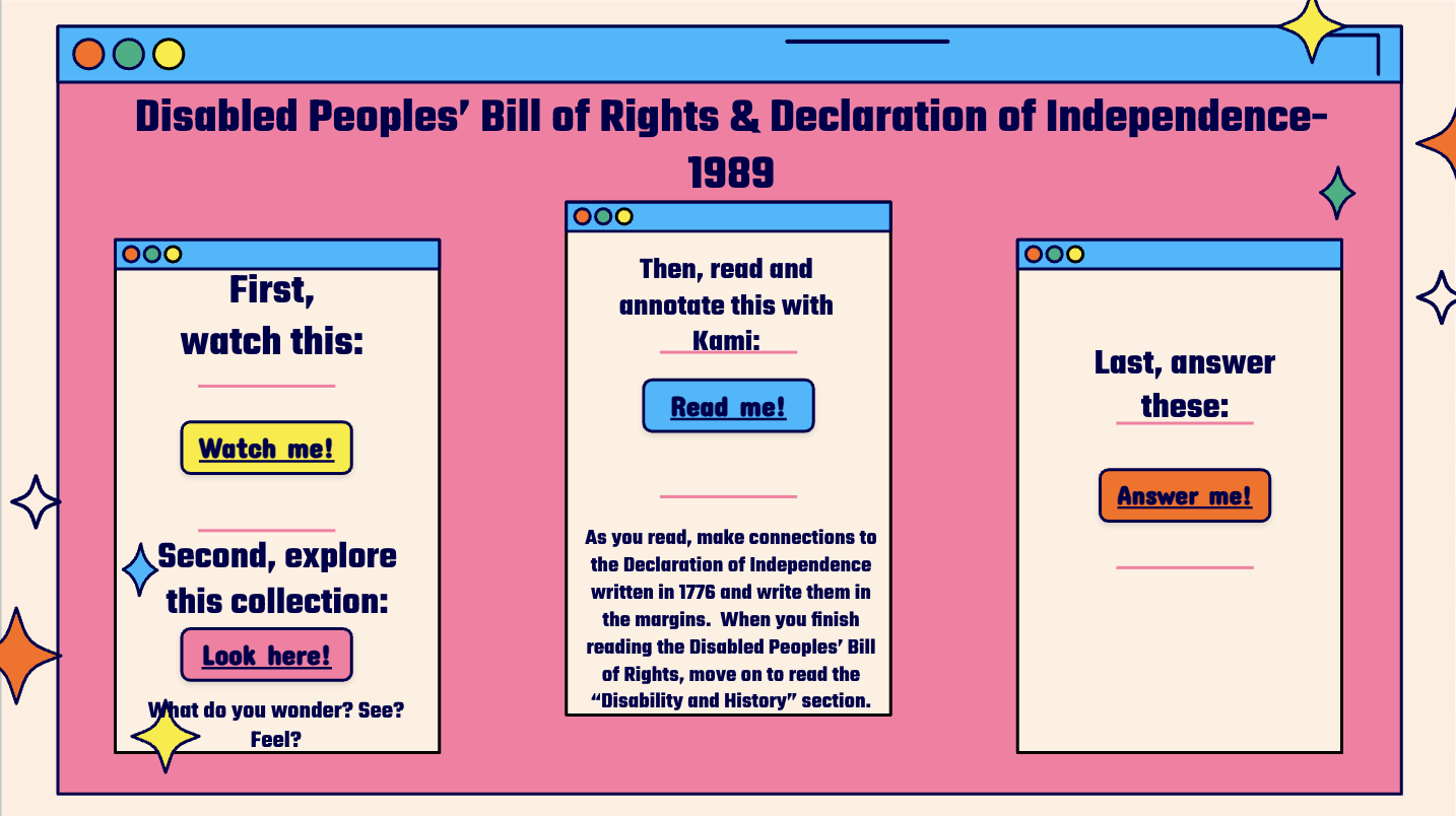 A slide with instructions from the lesson on the Disabled People’s Bill of Rights and Declaration of Independence