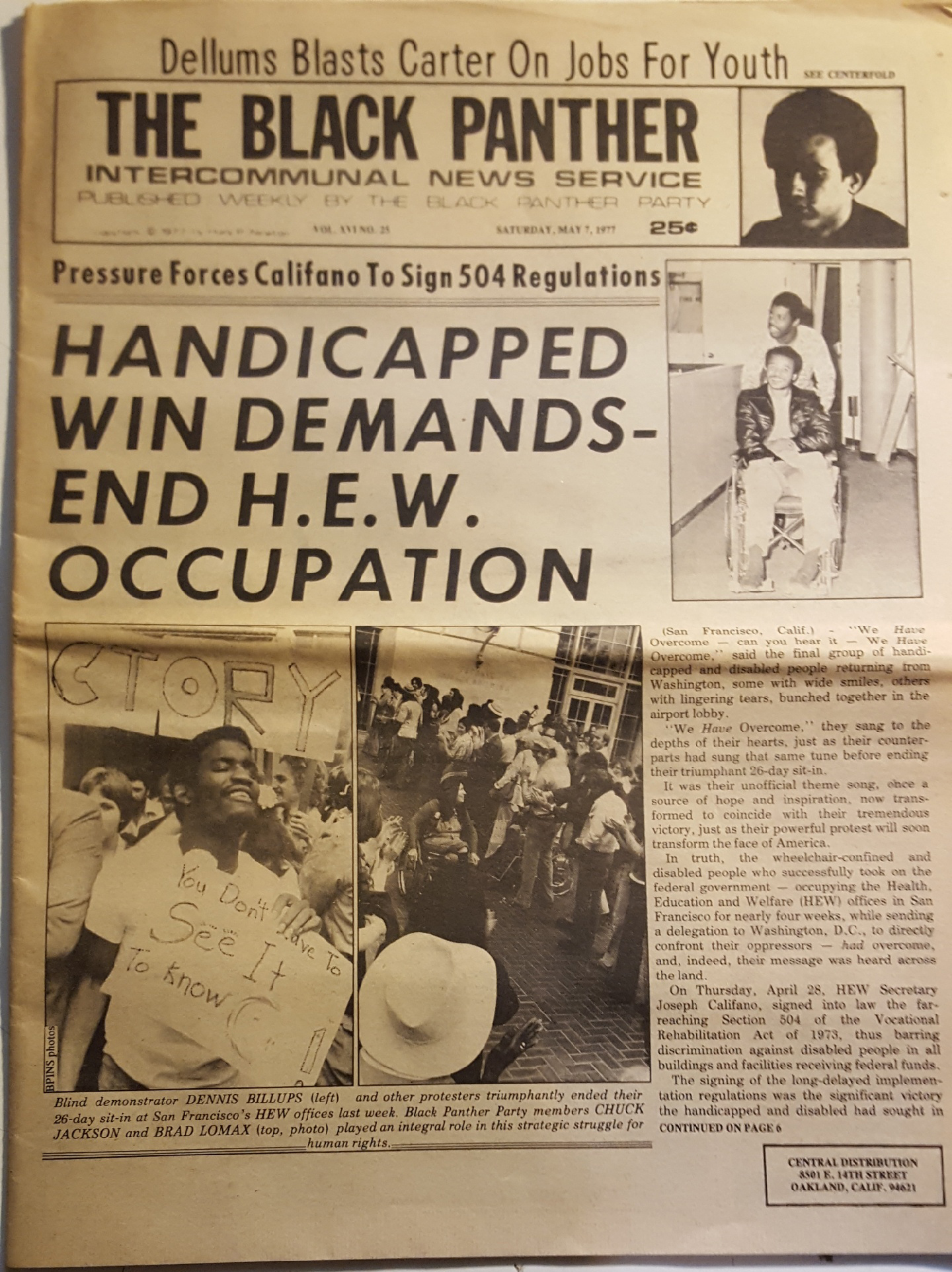 Black Panther Newspaper front page, with banner headline "HANDICAPPED WIN DEMANDS - END H.E.W. OCCUPATION", photos of black demonstrators in wheelchair, with sign