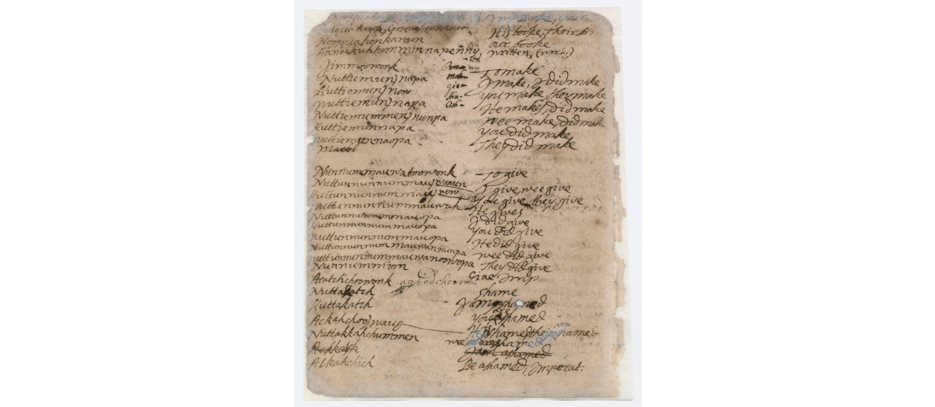 Handwritten compendium of words and phrases spoken by the Wampanoag who lived on Martha’s Vineyard during the late-17th Century. The vocabulary was gathered by a non-Indigenous person, New England minister John Cotton, Jr. during the first two years of his mission to Native communities on Cape Cod (1666-78).