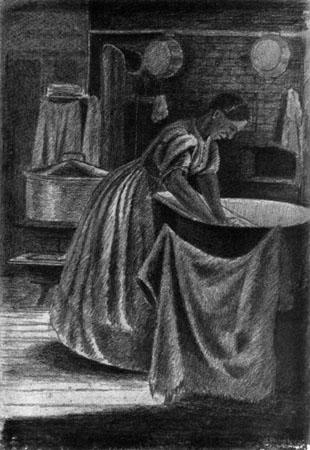  Sketch in charcoal or soft pencil. A dark room, with laundry pans, cloths etc. hanging from the brick wall. A dim light comes in from the upper right. A wood stove and a large pot for heating water stand behind the figure of Sojourner Truth, who wears an ankle length dress with the sleeves rolled up and her hair pinned back. Although her clothing is plain, she wears an earring. She leans over a large laundry tub and works on a washboard, wearing an expression of effort and concentration.