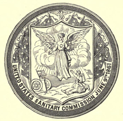 Seal of the U.S. Sanitary Commission June 9, 1861. Shows an angel in a flowing dress and with a cross on her chest flying over a battlefield and wounded soldiers. One reaches up to her. U.S. flags fly on the field.  