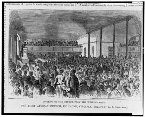 "A drawing of hundreds of African Americans listening to a preacher on a raised dais inside a huge church. - The parishioners wear suits and elegant dresses and fill a balcony and ground floor