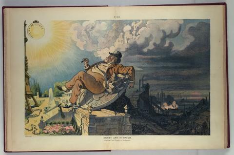 A political cartoon. On one side an oligarch in a suit and top hat smokes a cigar with his feet on a plaza of fountains and gardens. On the other side, a dark valley is filled with smoke from many factory smoke stacks and the terrain is torn up 