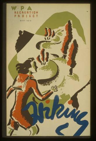 WPA Recreation Poster shows a woman with a backpack hiking up a curving road - US map is in background