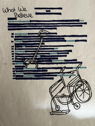 "A "blackout poem" shows the text that highlights what the student thinks the declaration is about - drawings of a wheelchair and a walker are included"