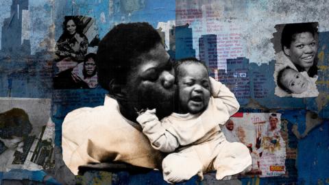 Artwork of Black woman kissing a Black baby, with a mural of archival images and cityscape in the background.