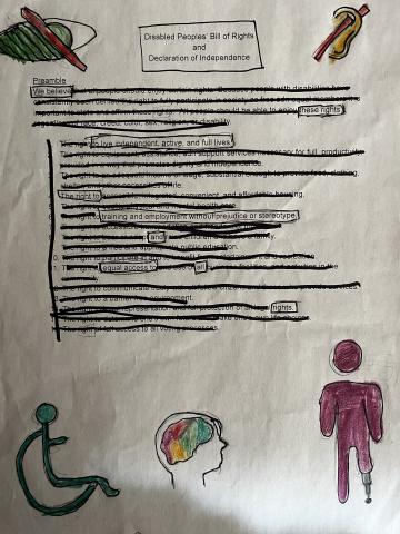 "A "blackout poem" shows the text that highlights what the student thinks the declaration is about - this example includes a neurodiverse student and other images related to ability"