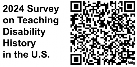 Large square image of dots and lines (QR code) with text, 2024 Survey on Teaching Disability History in the US