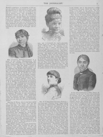 "Page from The Journalist newspaper describes four women journalists, including Ida B. Wells, a Black woman with a high collar and her hair in a bun atop her head.