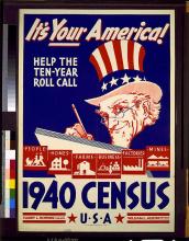 1940 Census Poster in red, white, and blue with Uncle Sam in stars and stripes top hat writing in a big book