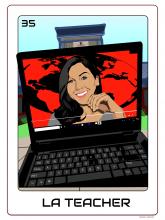 Poster shows a long-haired teacher's smiling face on a laptop screen. La Teacher.  