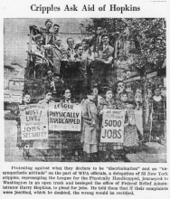 A newspaper photograph shows dozens of members of the League of the Physically Handicapped in around a truck that they drove from New York to Washington to demand access to WPA jobs. 