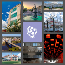 Images of several sites in Montgomery: office building, fountain, steam boat, bridge, college, memorial and a globe logo.