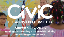 A young blond teacher and an asian American child hold their hands on their hearts as they speak - the girl holds an America flag - text reads Civic Learning Week - March 9-13, 2026