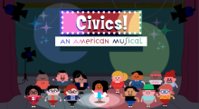 Screen cap from the game Civics! An American Musical with diverse cartoon figures standing on a stage.
