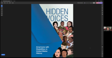 Screen shot shows the cover of Hidden Voices: Americans with Disabilities in United States History, featuring drawings of a racially diverse group of the disabled men and women from the curriculum.