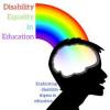 Logo for Disability Equality Education shows a rainbow flowing into a smiling person's brain. Also reads: Eradicating disability stigma in education
