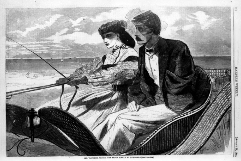 Print of Winslow Homer painting, The Empty Sleeve. A young woman holds the reins of the carriage as a man in uniform and cap sits beside her, one of his sleeves pinned up. Both have a shadowed hollow look in their eyes.  "
