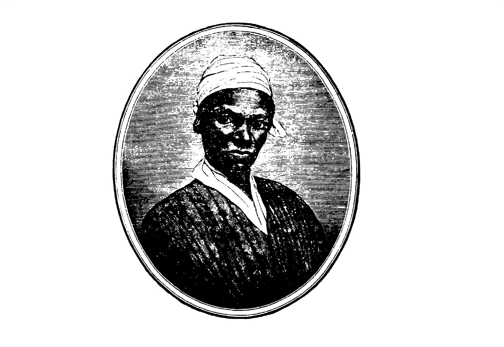 Woodcut print of Sojourner, wearing a white cap, with a white shirt under a coat.