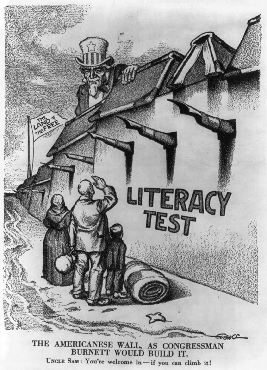 Political cartoon shows Uncle Sam blocking immigrants with a wall labeled Literacy Test.