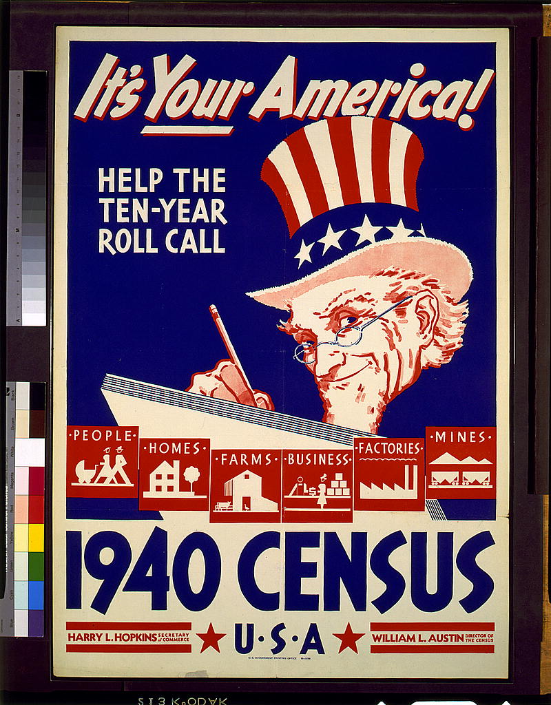 Red, white, and blue poster with Uncle Sam in stars-and-stripes top hat writing in a book, reads, "It's Your America! 1940 Census USA -- Help the ten-year roll call.
