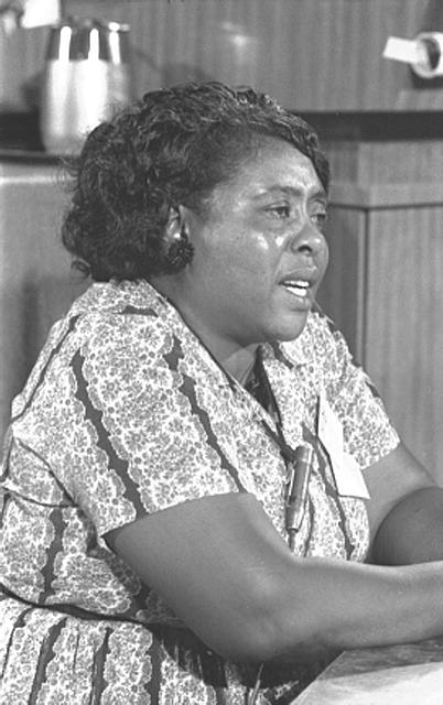 African-American woman seated at hearing table, speaking, microphone clipped to floral striped dress, her face and indistinct objects above counters behind her reflecting bright lights.