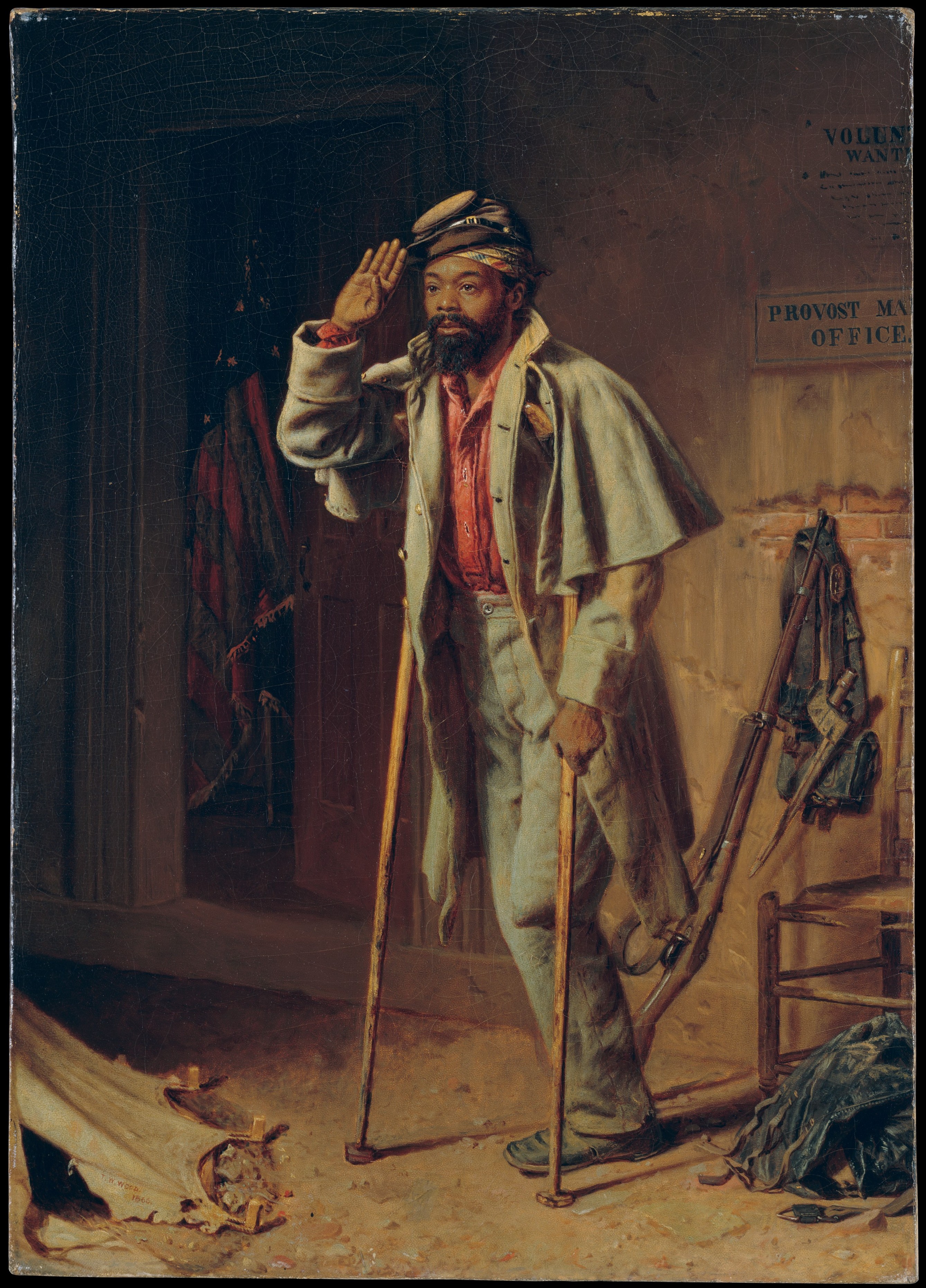 Painting of Black man standing with crutches, wearing faded Civil War uniform, hand raised in salute, with one leg amputated at the knee.