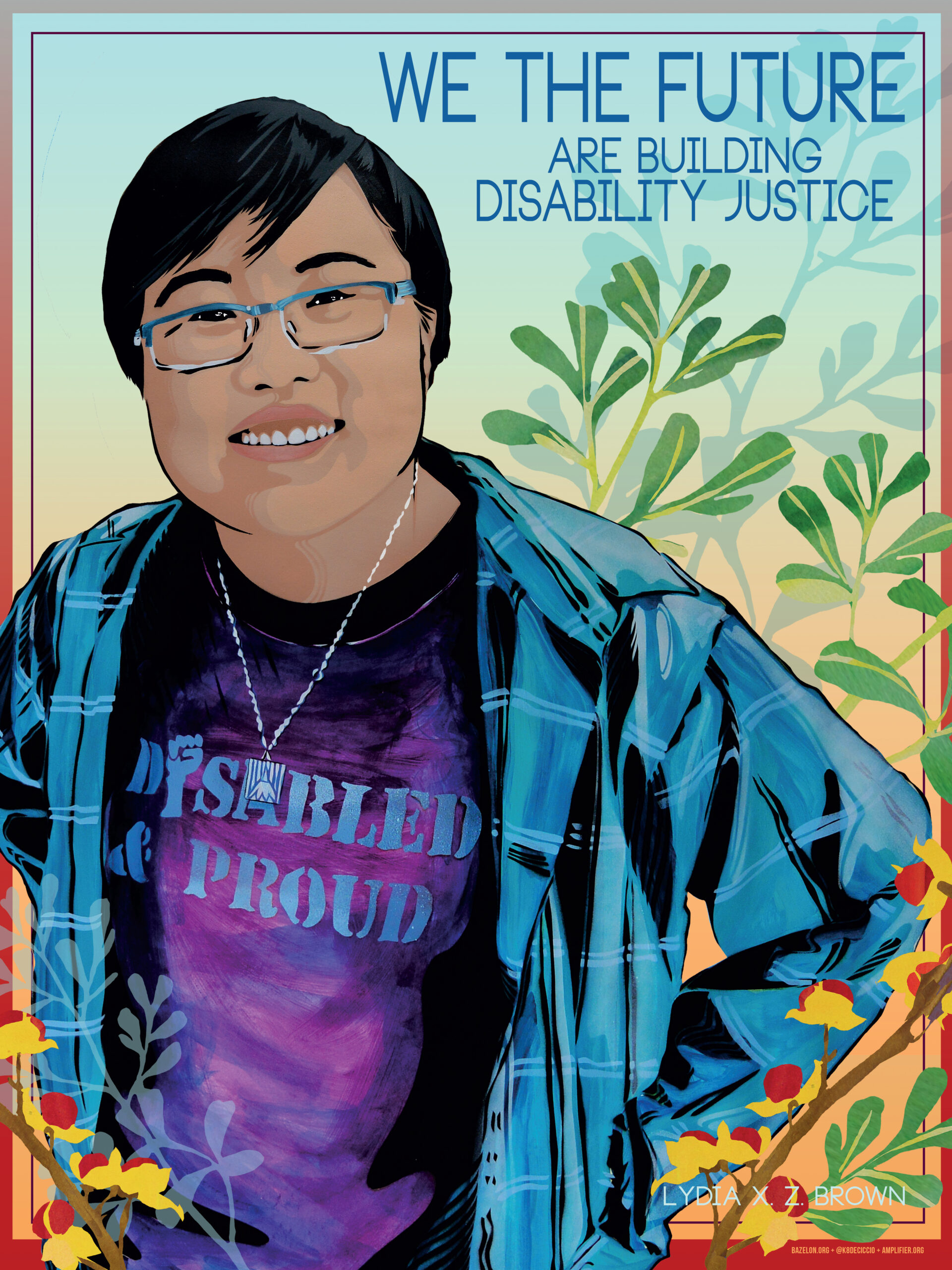Activist LydiaXZBrown, with short hair and glasses, smiles, hands to hips, words on purple t-shirt showing under her plaid shirt say "Disabled and Proud"  