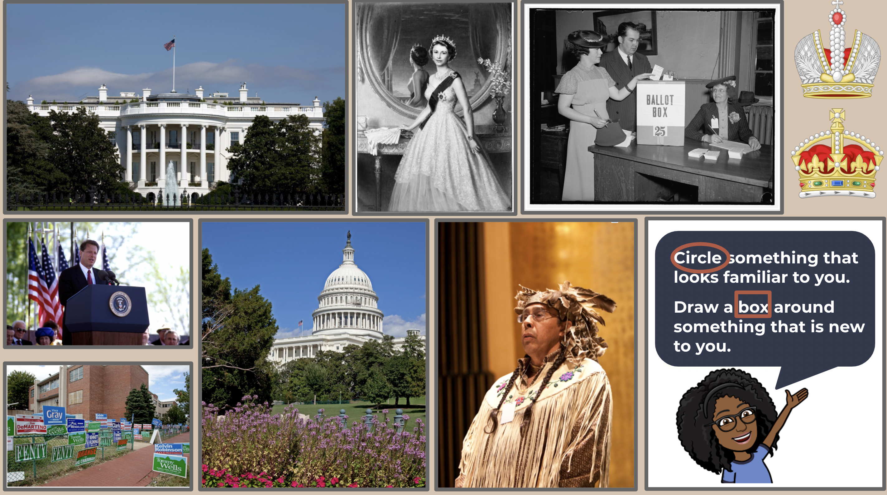 a collage of 6 photos with a cartoon character instructing "Circle something that looks familiar, draw a box around something that is new to you" images include a capitol dome, a painting of a young woman wearing a crown and sash with medals, a speaker behind a podium with a US emblem, a man with a feathered headdress.