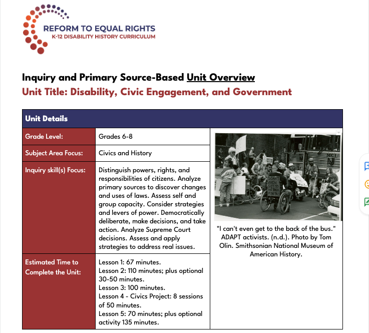 Screen cap of the cover of the Grades 6-8 unit overview, featuring photo of  ADAPT Activists. The activists are mostly wheelchair users. They hold or wear handmade signs, including one saying, "I can't even get to the back of the bus."