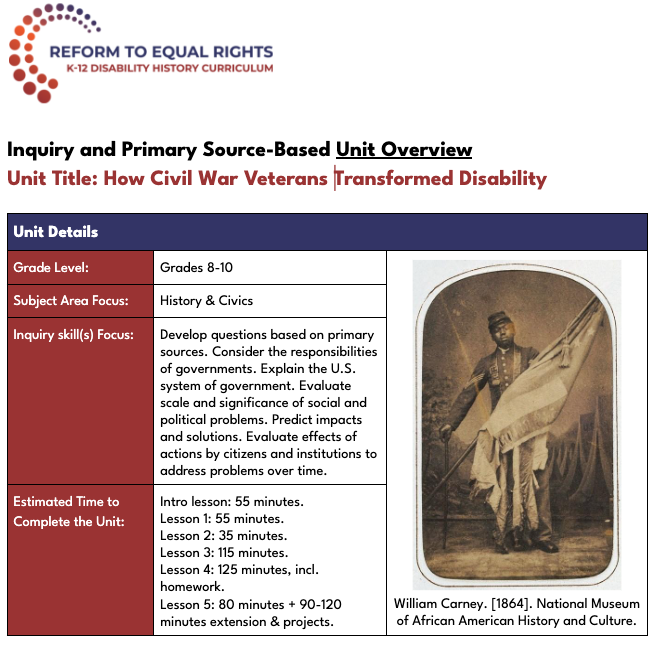 Screen shot of the cover of the unit plan for How Civil War Veterans Transformed Disability