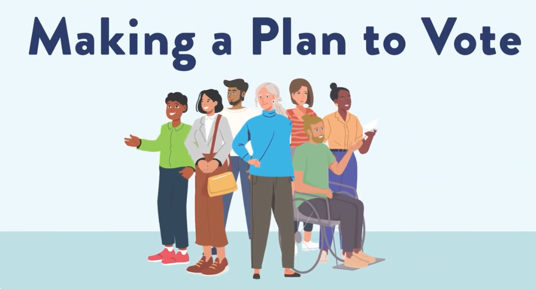 In a cartoon, a diverse group of eight adults by age, race and gender face the viewer. One man with a beard uses a wheelchair. 