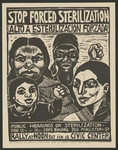 "Stop Forced Sterilization" in English and Spanish, info on protest rally, with smiling child with raised fist with Black, Indigenous, & Latina women