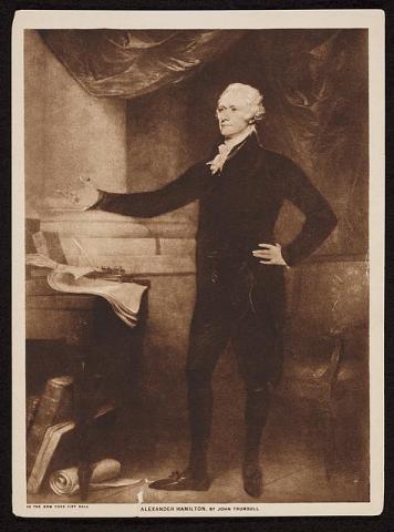 ""full-length portrait of formally dressed man with white curly hair or wig, standing, facing left, left hand on hip, right arm extended outward, books and papers beside him