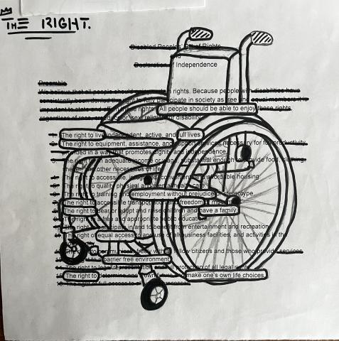 "In this "blackout poem," the student analyzed the Disabled People’s Bill of Rights and Declaration of Independence and left only the most vital words In this "blackout poem," the student analyzed the Disabled People’s Bill of Rights and Declaration of Independence and left showing only the most vital words.."