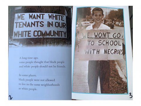 On one page, a sign in a shop window reads, 'We want white tenants in our white community'. A second image shows a white boy holding a handmade sign that reads, 'We wont go to school with negroes'.
