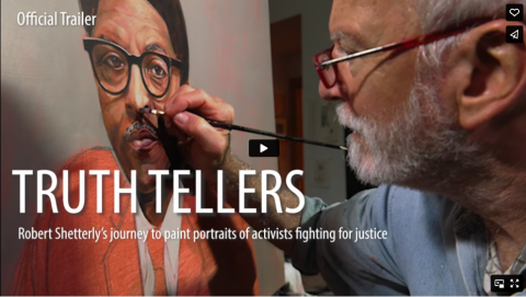 A white man with a white beard paints a detail in the portrait of a Black man with glasses - Title reads Truth Tellers