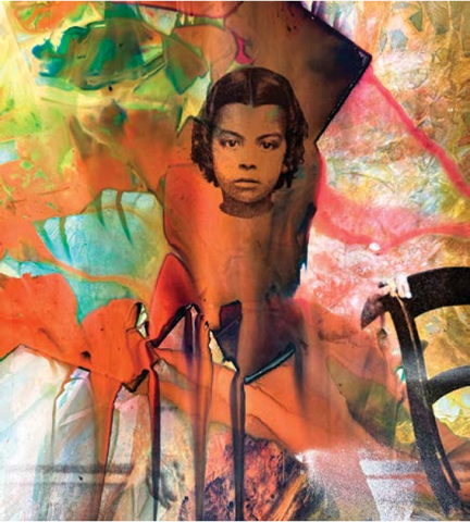 A collage of flowing floral colors lie on top of a photo of girl of 10 of so with a serious express, short hair and a hand on a chair.