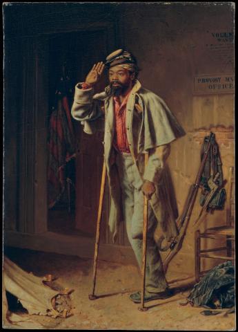 A Black Civil War veteran with an amputated leg and crutches salutes
