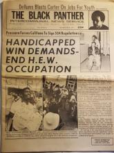 Black Panther Newspaper front page, with banner headline "HANDICAPPED WIN DEMANDS - END H.E.W. OCCUPATION", photos of black demonstrators in wheelchair, with sign,