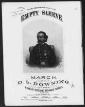 Sheet music cover, Empty Sleeve March, by D.L.Dowling. With a print of an officer with double-breasted buttons and epaulettes. One empty sleeve is pinned to his chest. He wears a bushy mustache and hair swept back from a high forehead. Dedicated to Col. Jas McLeer, 14th Reg't. N.G.S.N.Y.  
